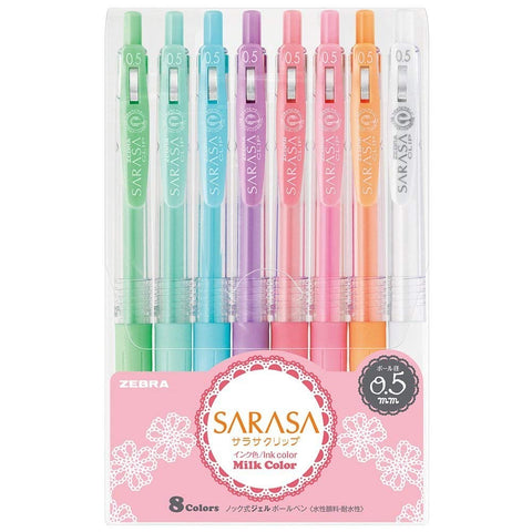 2-Pack Zebra Sarasa Clip Milk 0.5 Water-Based Ballpoint Pens 8 Colors Made In Japan